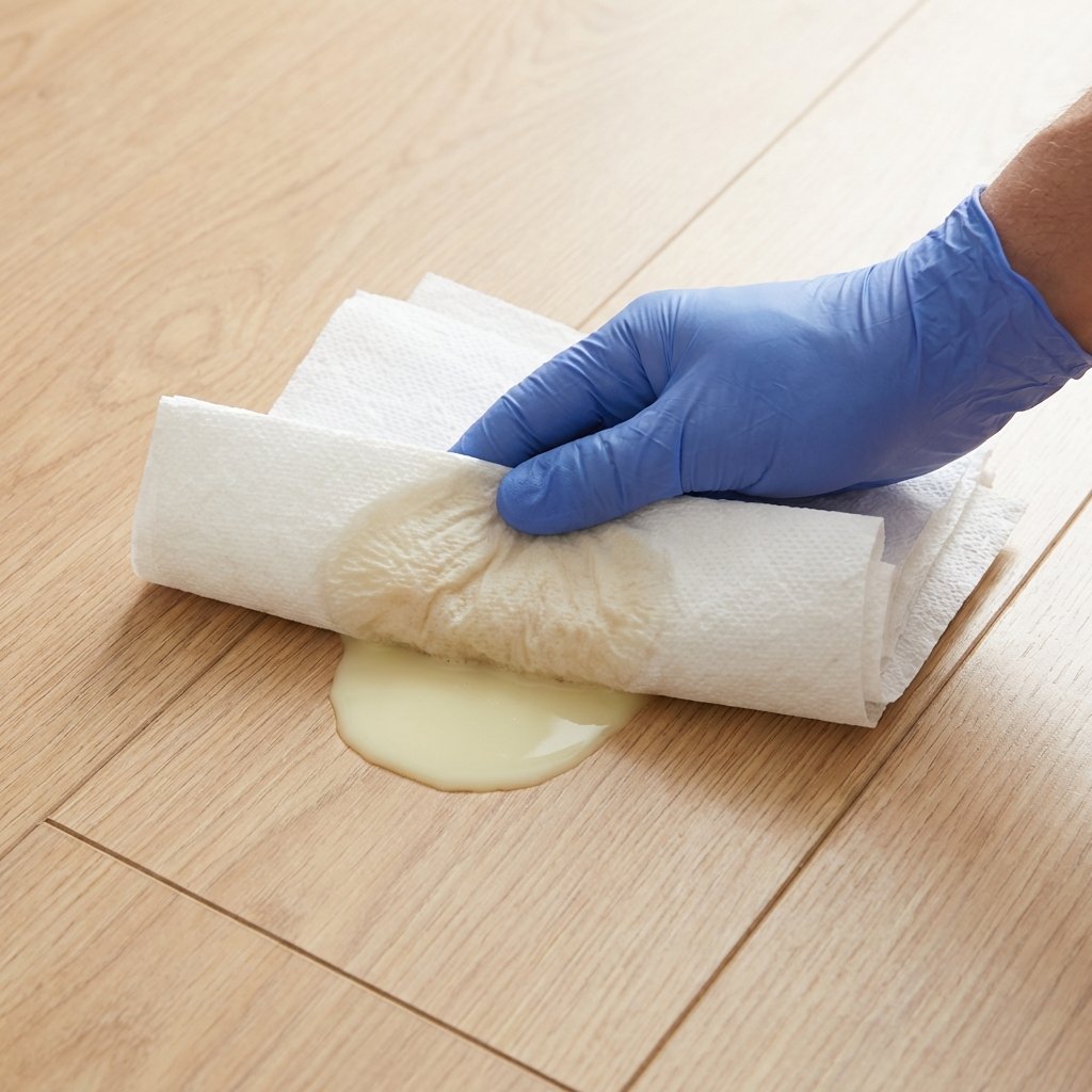 A close-up, high-angle professional photo capturing a hand wearing a disposable glove, firmly pressing several sheets of white, absorbent paper towels onto a small, fresh puddle of light yellow liquid (representing cat urine) on a section of light-colored laminate flooring. The paper towels show visible dampness where they contact the liquid, actively wicking it away. The surrounding laminate should appear clean, emphasizing the immediate action being taken to prevent staining and deep penetration.