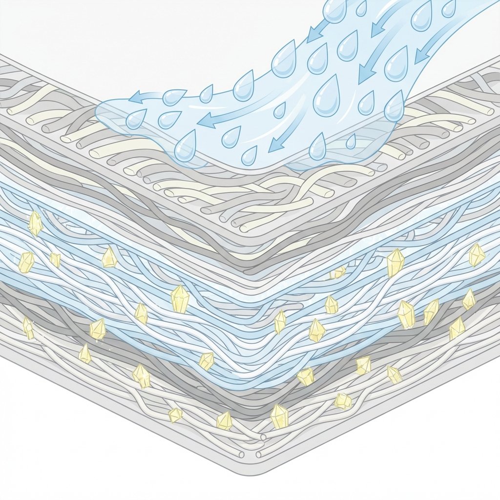 A detailed flat illustration or infographic style diagram depicting a magnified cross-section of a mattress's inner fibers. Within these fibers, small, crystalline structures, representing uric acid crystals, are visibly embedded and scattered deep within the material. A stream of generic liquid droplets, representing a common cleaning agent, is shown superficially washing over the surface fibers, indicating that it does not reach or dissolve the deeper crystals. The color palette should be clean and technical, using shades of white, grey, and subtle blues for the mattress and a faint, sparkling yellow for the crystals.