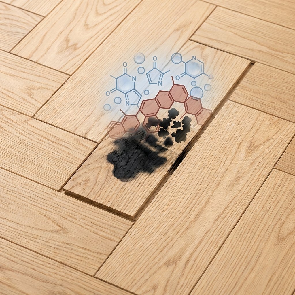 A stylized close-up of a light-colored parquet floor segment. One plank shows a prominent, dark black stain, illustrating the effect of cat urine. Above or within the wood, a subtle, almost transparent infographic overlay visualizes the chemical reaction: tiny, abstract representations of uric acid molecules are seen interacting with the wood's tannin structures, transforming into dark, oxidized pigments that deepen into the wood grain. The overall aesthetic is clean and informative, using a flat illustration or a clean 3D render with a slightly cutaway view to show depth, focusing on the cause of the black discoloration.
