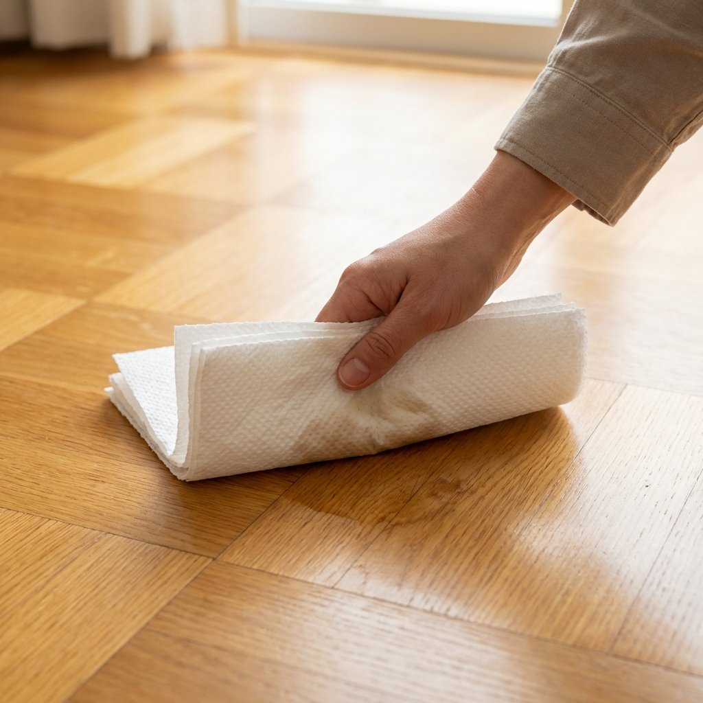A professional, bright photo from a slightly elevated angle shows a human hand gently but firmly pressing several layers of white, absorbent paper towels onto a small, wet patch on a polished light wood parquet floor. The wet area is subtly discolored, hinting at cat urine, and the paper towels are visibly absorbing the liquid. The surrounding parquet is clean and well-maintained. The focus is on the immediate action of blotting, conveying urgency and effective absorption. The overall feel is practical, clean, and helpful for a DIY context.