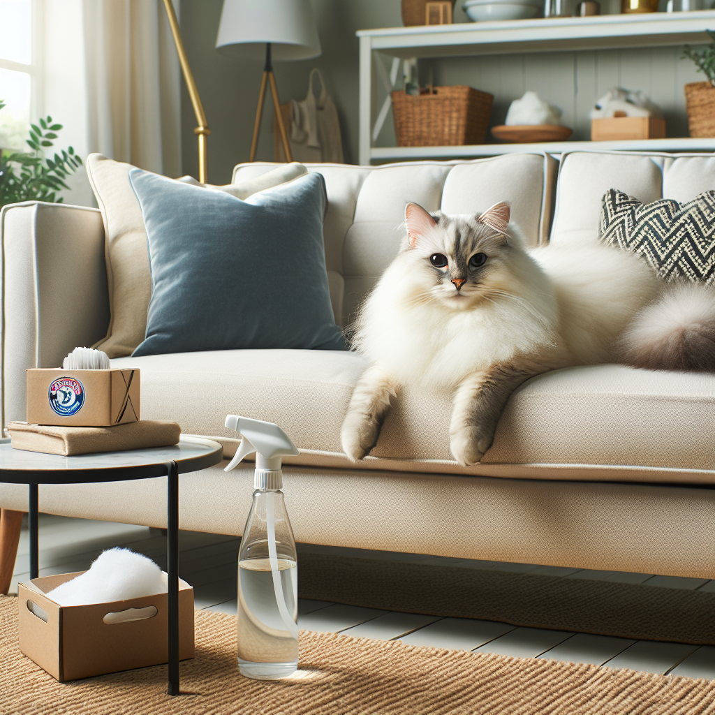 A fluffy domestic cat looking relaxed on a stylish, clean sofa in a cozy living room. On a side table next to the sofa, a subtle arrangement of household cleaning items like a box of baking soda, a spray bottle (implying vinegar solution), and absorbent paper towels, representing effective home remedies for cleaning. Warm, inviting atmosphere, realistic, detailed photography.