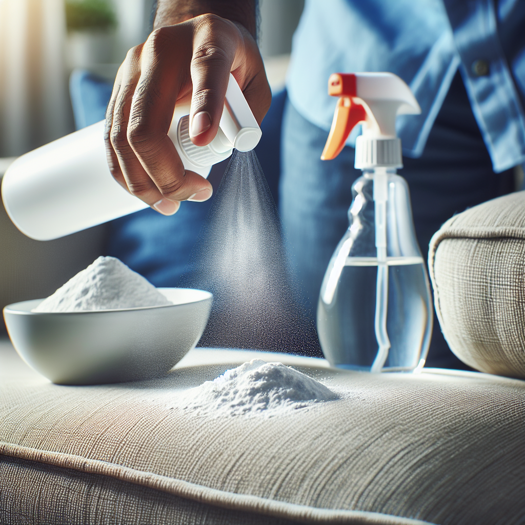 Close-up of a hand gently sprinkling white baking soda powder onto a fabric sofa cushion. A spray bottle containing a clear liquid and a bowl of baking soda are visible nearby on the sofa, highlighting the use of natural house remedies to eliminate odors. Bright, clean, and detailed, realistic photo style.