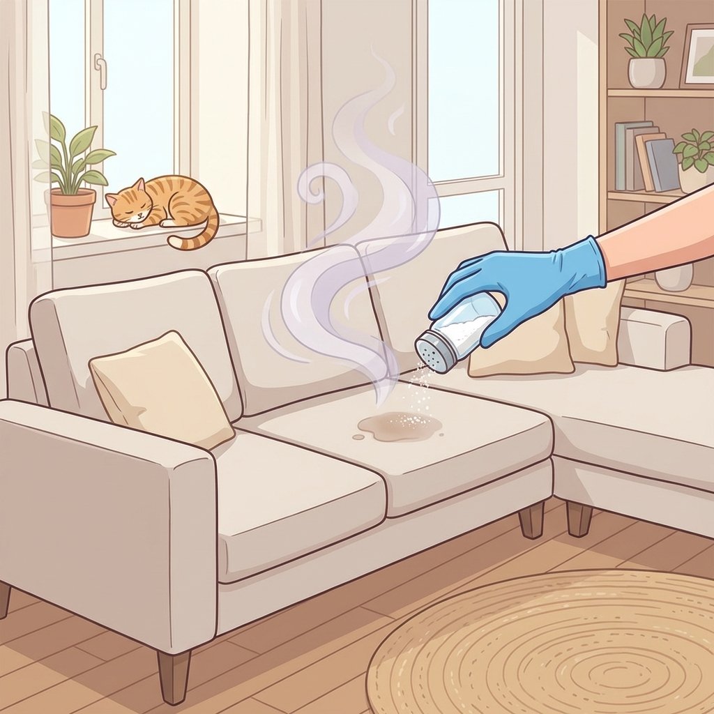 A bright, inviting living room scene. A modern, light-colored sofa has a subtle, almost translucent purple-grey cloud pattern rising from a small, damp-looking spot on one cushion, symbolizing the strong cat urine odor. A clean, gloved hand is gently sprinkling white, powdery baking soda over the affected area. In the background, a content house cat is curled up, subtly hinting at the cause without explicitly showing the act. The overall style should be a friendly and clean flat illustration, emphasizing a helpful, problem-solving tone.