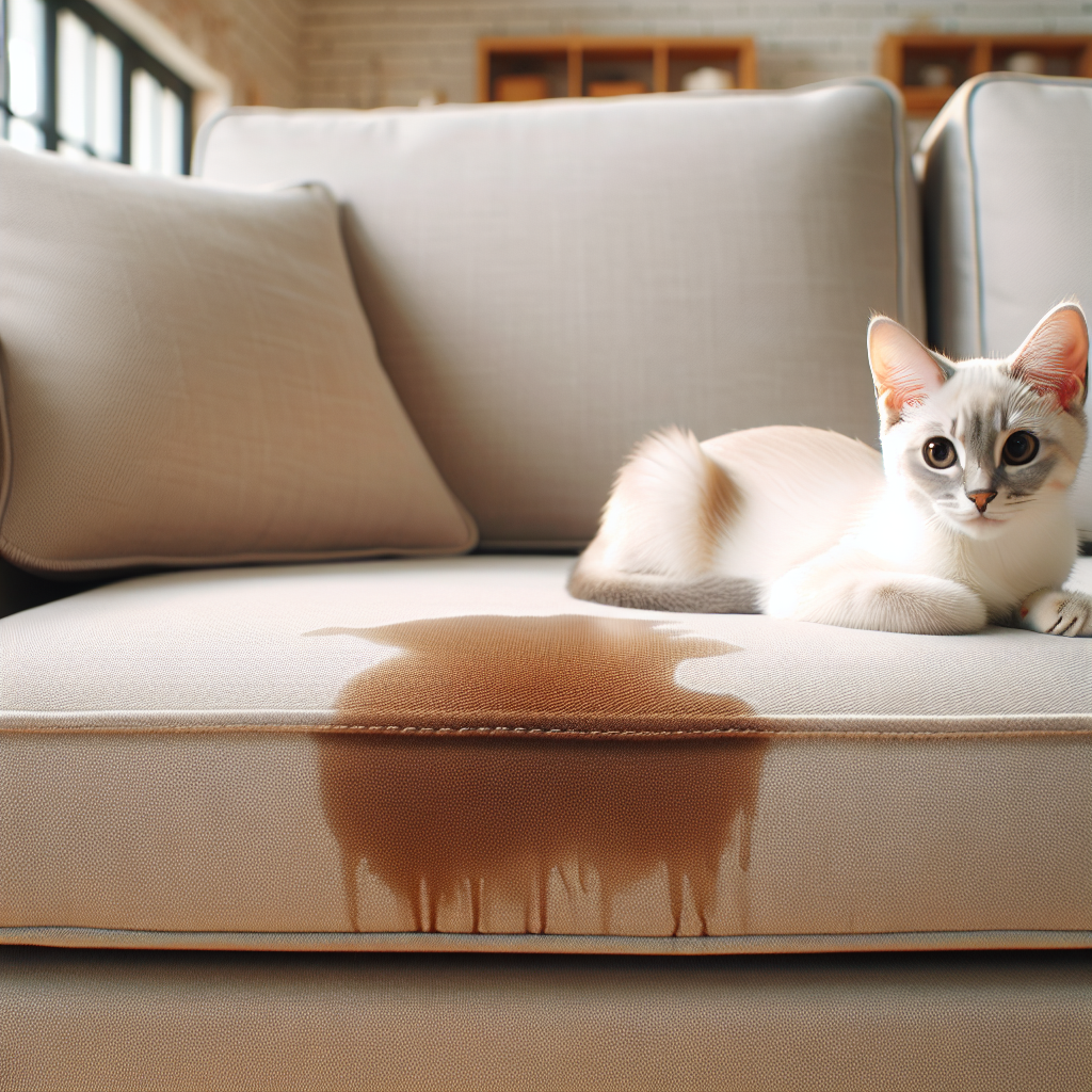 A cute cat with a slightly guilty expression, sitting on a modern sofa that has a noticeable, fresh wet stain of cat urine. The living room setting is cozy but hints at a recent mishap, with natural light.