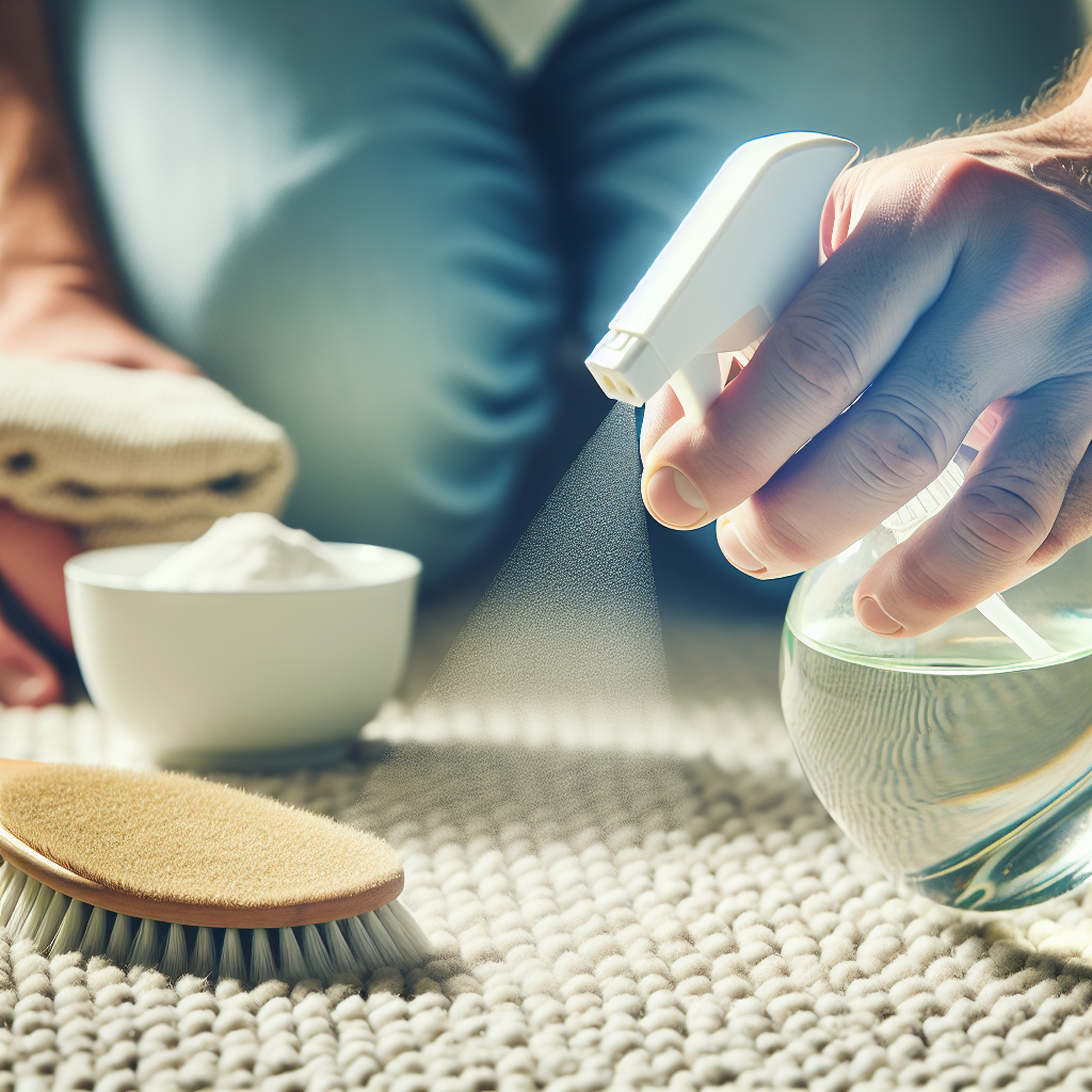 A clean, well-lit close-up of a domestic scene: a hand gently spraying a diluted vinegar solution from a spray bottle onto a subtle spot on a carpet, with a small bowl of baking soda visible nearby. The focus is on the act of cleaning with common household remedies, realistic and bright.
