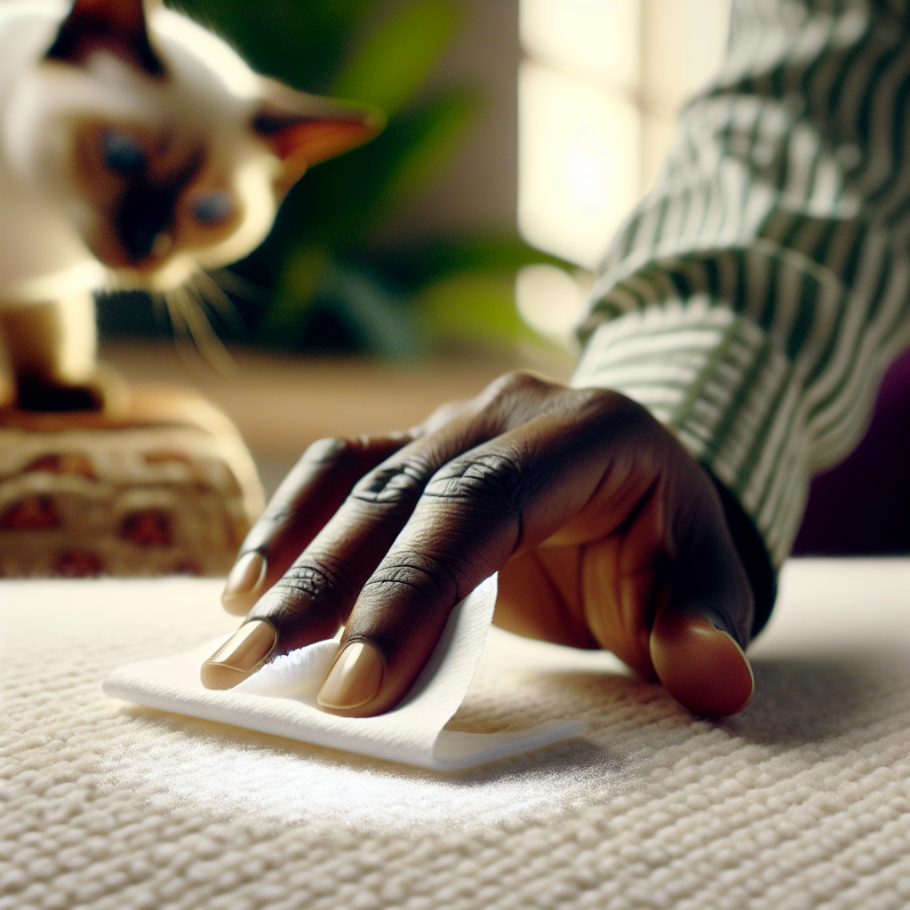 A close-up shot of a white mattress with a small, slightly damp spot. A human hand gently dabs the spot with white paper towels, emphasizing careful absorption. In the soft-focus background, a curious domestic cat subtly observes the scene. Natural light, realistic photo, clean aesthetic.