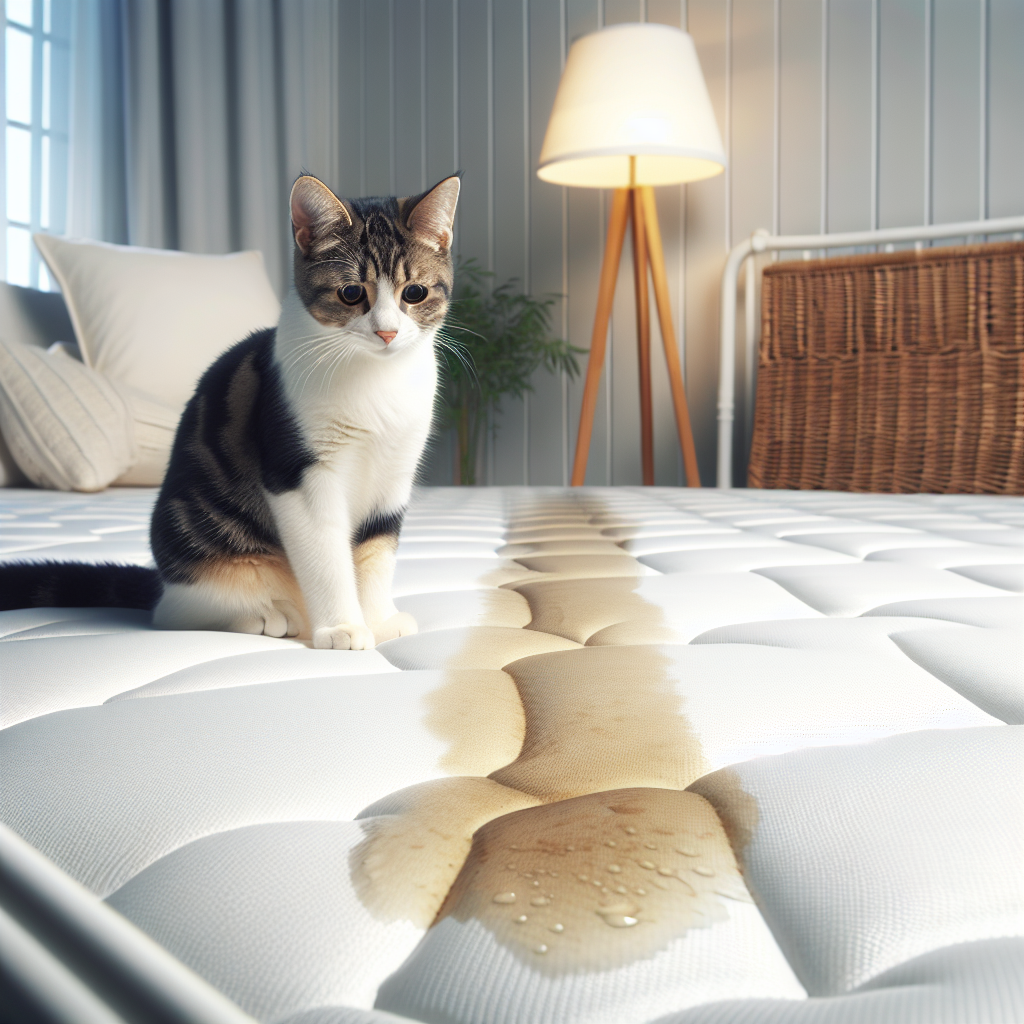 A guilty-looking cat sits on a bed next to a visible, wet urine stain on a mattress, conveying a sense of frustration. The room is a bright bedroom, with soft natural light highlighting the problem. Focus on the contrast between the clean room and the unfortunate stain.