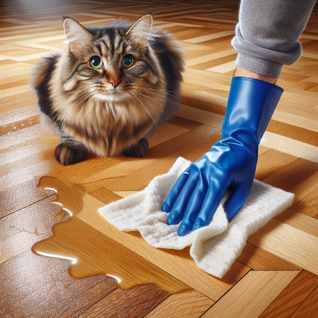 A fluffy tabby cat with a guilty expression sitting next to a small, dark wet spot on a polished, light-colored wooden parquet floor. A human hand, wearing a blue cleaning glove, is gently blotting the spot with a white, absorbent cloth. The scene is well-lit, showing the reflective surface of the floor, creating a sense of urgency and a common household accident. High detail, realistic photography.
