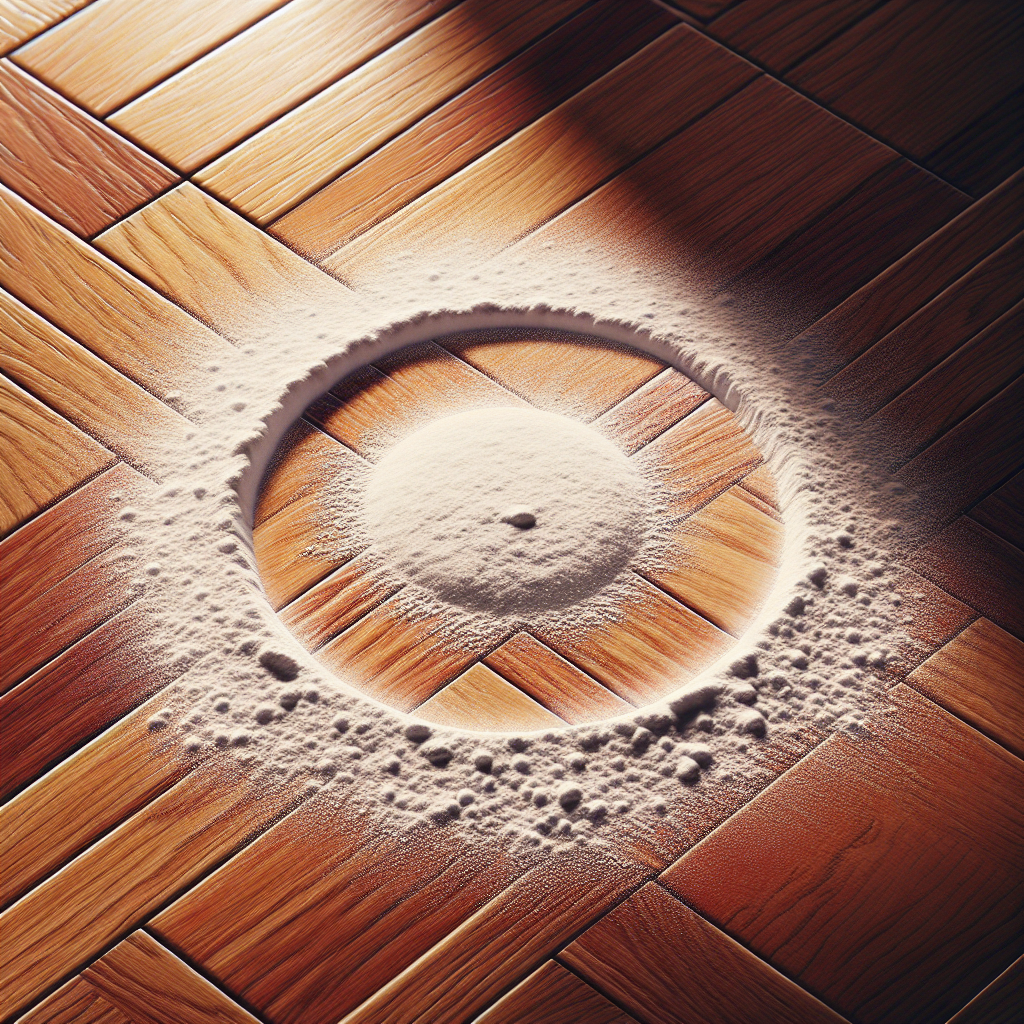A close-up, high-angle shot of a beautiful, warm-toned wooden parquet floor. A faint, circular discoloration is is visible on one of the wooden planks. White powder, resembling baking soda, is neatly sprinkled over the discolored area, partially covering it. Sunlight streams through a nearby window, illuminating the scene and creating a hopeful, clean atmosphere. The texture of the wood grain and the fine powder are clearly visible. Realistic, detailed photography.