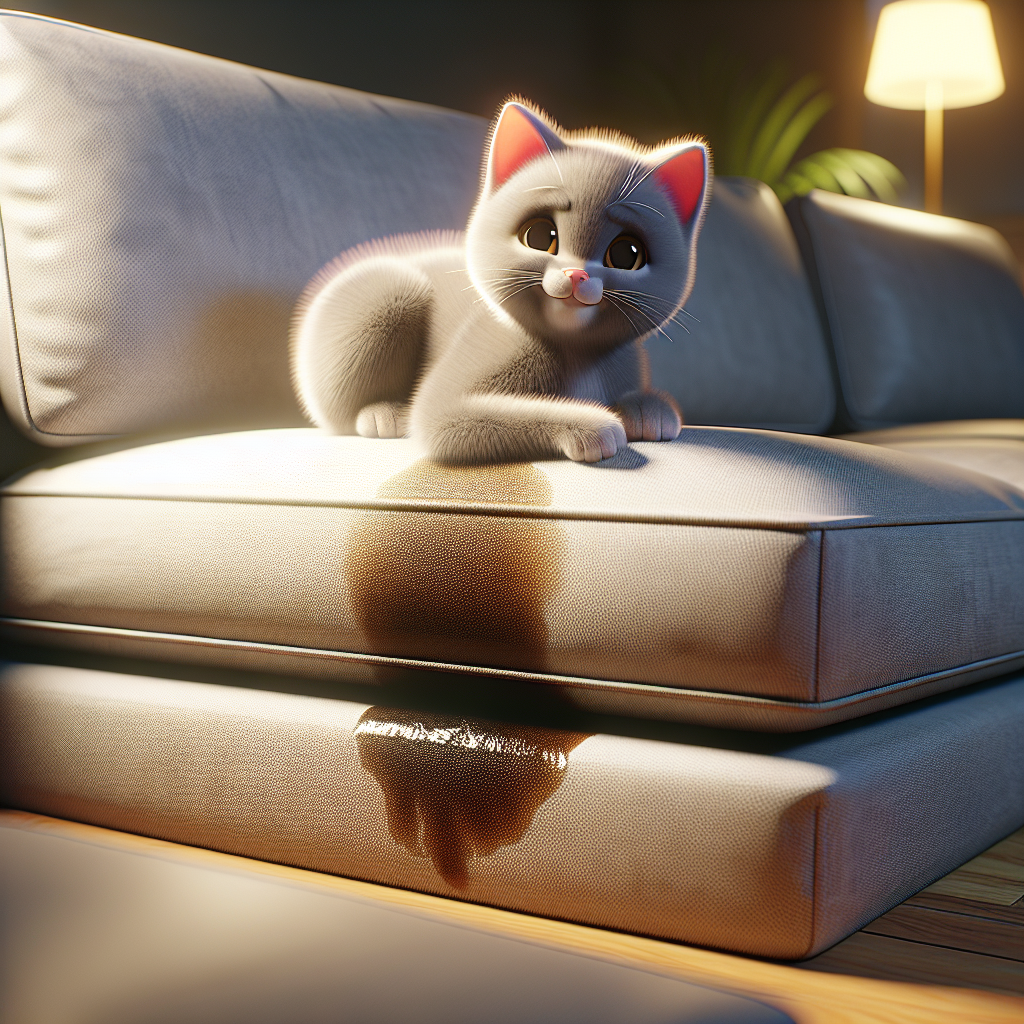 A cute, fluffy cat sits on a cozy, modern sofa, looking innocently at a subtly damp spot on the cushion. The living room setting is warm and inviting, but there's a hint of a 'mischief managed' expression on the cat's face. Realistic photo, soft lighting.
