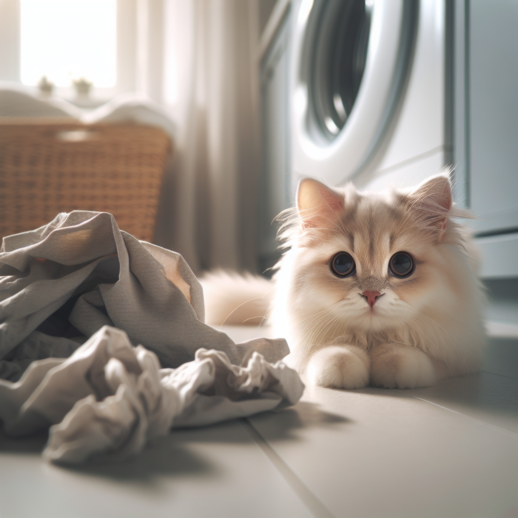 A cute, fluffy cat looking innocently mischievous next to a crumpled piece of laundry on the floor, implying a recent 'accident.' The cat is light-colored, in a modern, clean home environment. Realistic photography, soft lighting. Focus on the cat and the clothes.