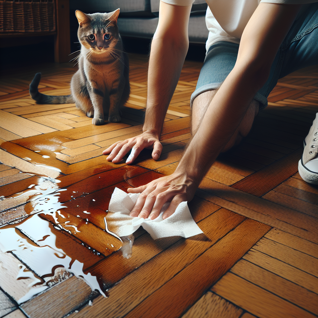 A domestic cat looking guilty next to a fresh, small puddle of urine on a beautiful, polished wooden parquet floor. A human hand, holding a white paper towel, is urgently reaching down to blot the spill. The scene is well-lit and realistic, focusing on the immediate aftermath and quick action.
