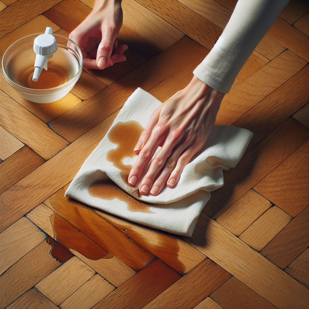 Close-up of human hands gently cleaning a subtle, dried stain from a warm-toned wooden parquet floor. One hand holds a clean, white cloth, wiping the spot, while a small, generic spray bottle or bowl of cleaning liquid (representing a home remedy) is nearby. The parquet looks clean and well-maintained in the surrounding area, emphasizing successful removal.