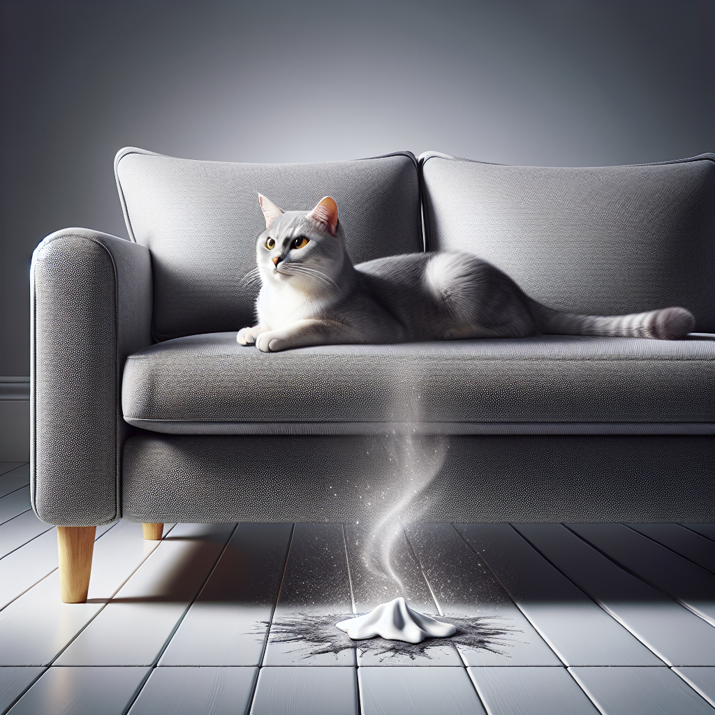 A sleek, content domestic cat sitting elegantly on a modern, upholstered couch. There's a subtle, almost imperceptible visual cue of an invisible, unpleasant odor emanating from a small, recently wet spot on one of the couch cushions, perhaps represented by a faint, artistic shimmer or a slight, ethereal puff of 'unfreshness' in the air directly above it, contrasting with the otherwise clean and inviting appearance of the living room. Realistic photo, soft lighting, focus on the cat and the couch.