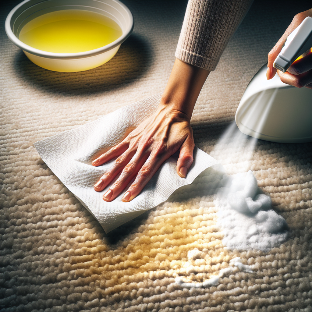 A close-up, top-down view of a hand dabbing a small, subtle yellow stain on a light beige carpet or upholstery with a white paper towel. In the background, a bottle of cleaning spray or a bowl with baking soda is slightly out of focus, suggesting cleaning in progress. The lighting is bright and clean, emphasizing the effort to remove the stain.