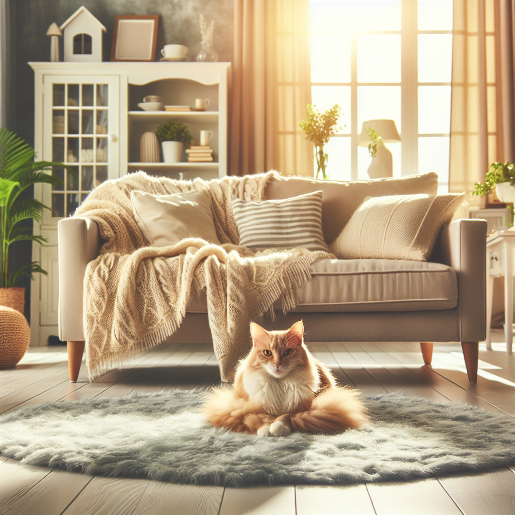 A cozy and clean living room bathed in natural light, featuring a comfortable sofa and a fresh-looking rug. A content, relaxed cat is curled up peacefully on a soft blanket on the sofa, and the overall atmosphere conveys a sense of freshness, cleanliness, and a home free from unpleasant odors.