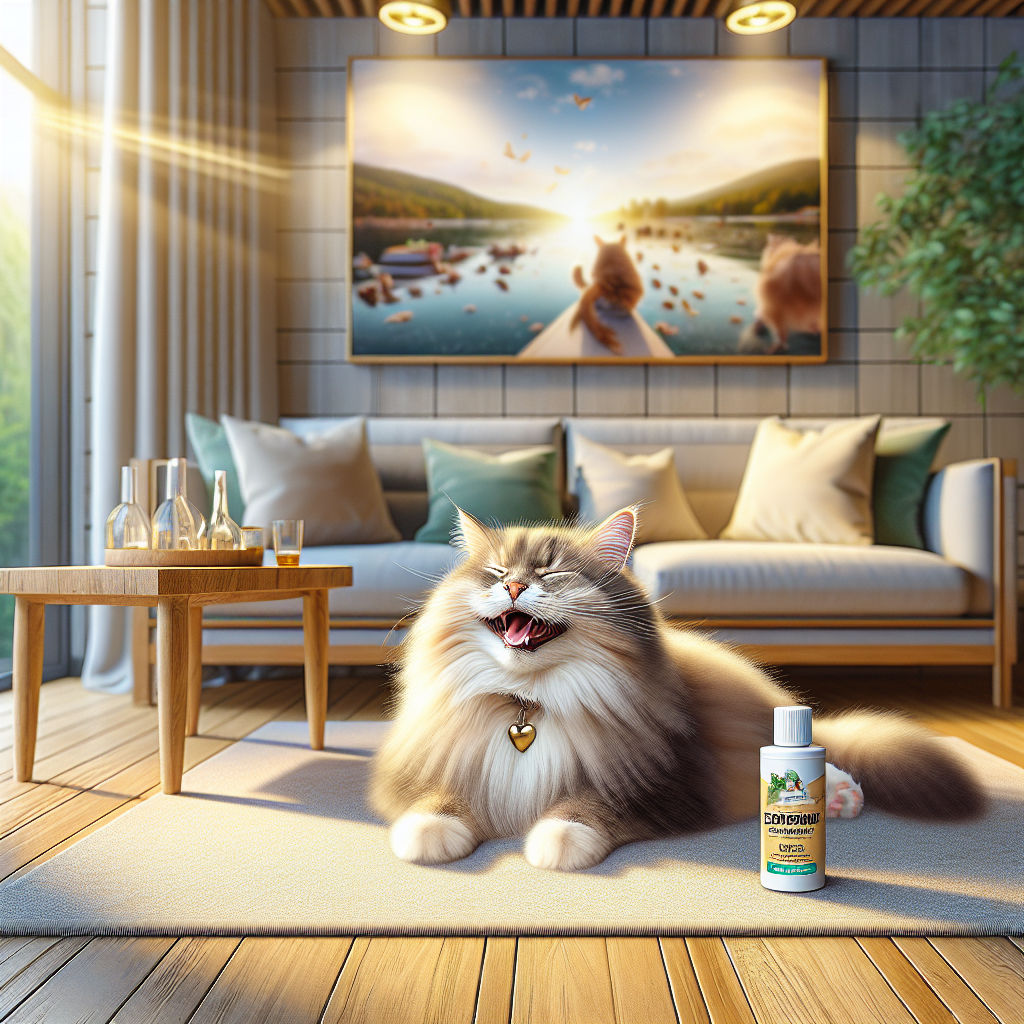 A fluffy, contented cat is curled up sleeping on a pristine, light-colored rug in a bright, modern living room. The room feels fresh and clean, with soft sunlight streaming in. A small, elegant bottle of a generic 'Enzymreiniger' (Enzyme Cleaner) is subtly placed on a nearby side table, hinting at a past problem now resolved. The overall atmosphere is peaceful, hygienic, and free of any unpleasant odors, symbolizing effective cat urine removal. High-quality photography, soft focus, warm and inviting colors.