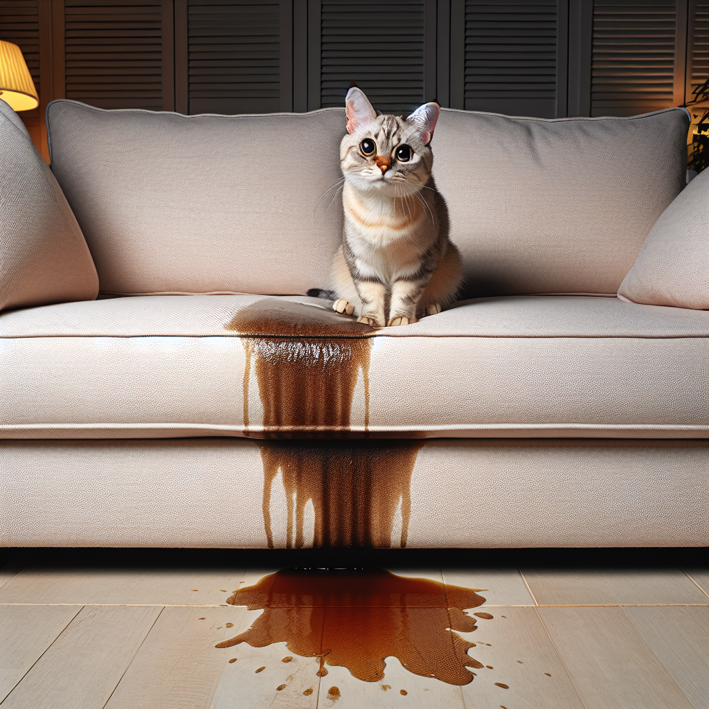 A mischievous cat looking guilty next to a noticeable wet stain on a light-colored, modern living room sofa. The scene should evoke a common household mishap, with a slightly distressed but not angry tone. Realistic photograph, indoor lighting, focus on the cat and the sofa.
