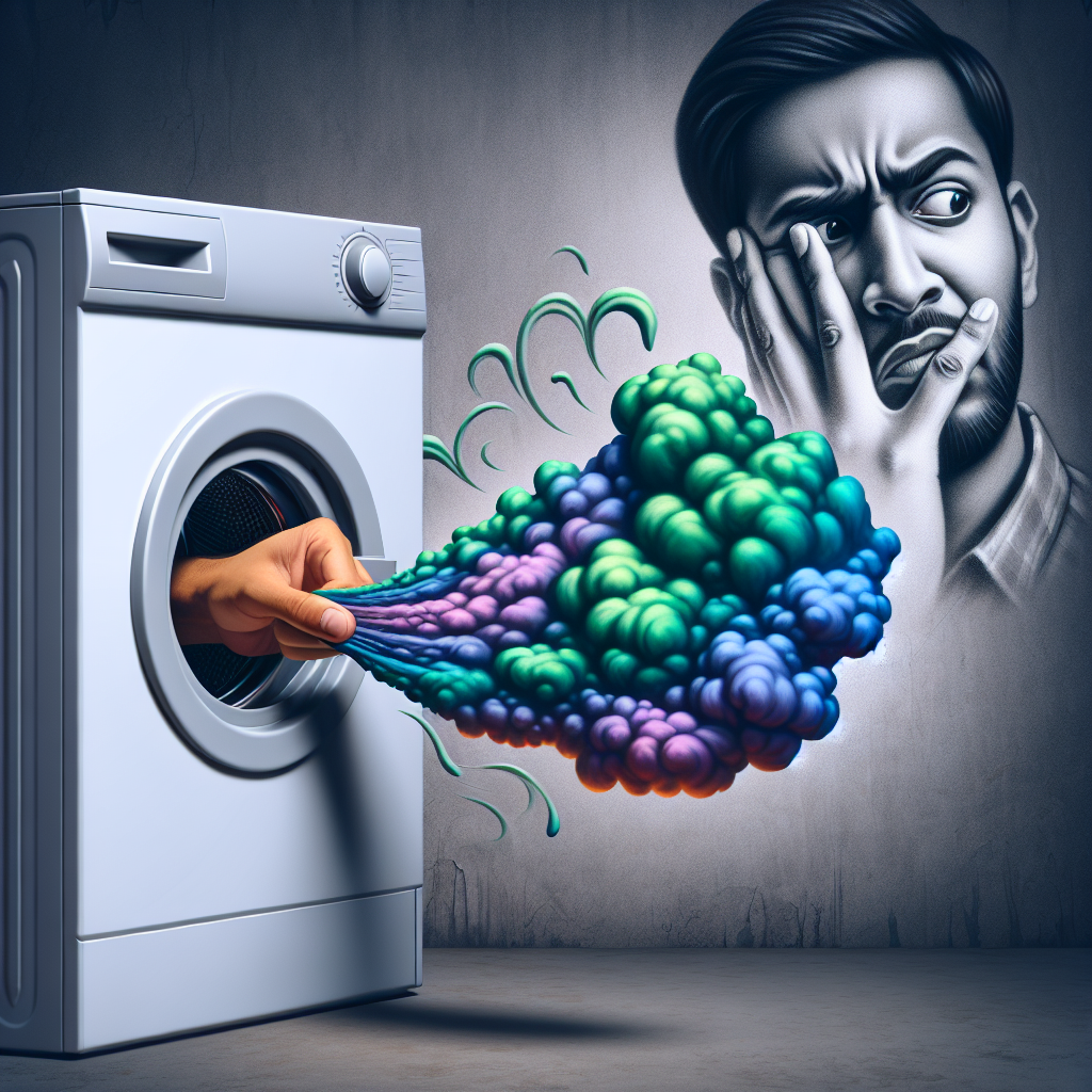A person's hand cautiously opens a washing machine door, a visible green-purple cloud representing a strong, unpleasant cat urine smell wafts out. The person's face shows disgust and frustration. Realistic, focus on the smell's visual representation.