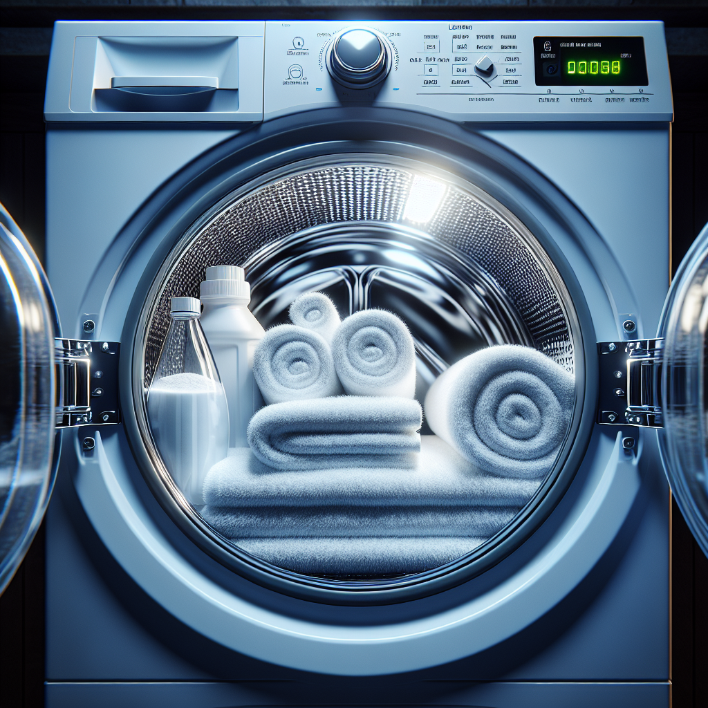 A sparkling clean washing machine interior, gleaming and fresh. A neatly folded fluffy white towel sits inside. On top of the machine, a box of baking soda and a bottle of white vinegar are visible. Bright, clean aesthetic, conveying successful odor removal.
