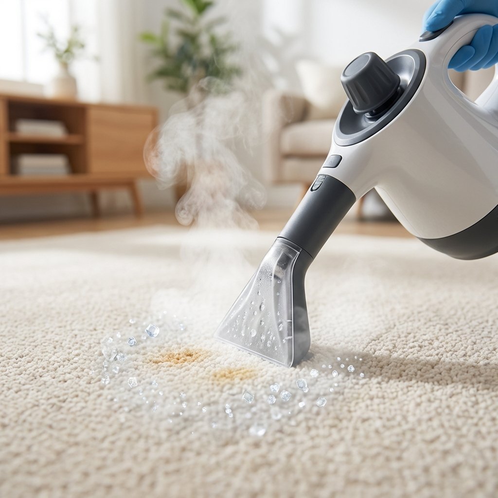 A vibrant, clean professional photo depicting a modern steam cleaner in action on a light-colored carpet. A small, subtle, discolored patch on the carpet represents a pet stain. Wisps of steam are visibly emanating from the cleaner's nozzle, gently interacting with the carpet fibers. Through a subtle visual effect, microscopic, crystalline structures (representing uric acid) within the carpet fibers are shown dissipating or breaking down as the steam makes contact, illustrating the cleaning process at a molecular level without being overly scientific. The overall impression should be efficient, hygienic, and effective.