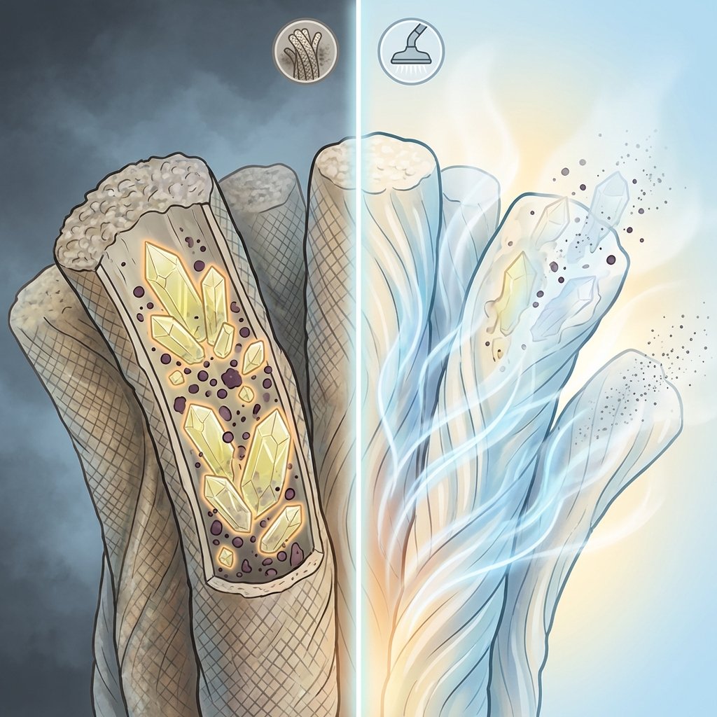A clear, detailed infographic-style illustration presenting a cross-section of carpet fibers. On one side, before cleaning, show tiny, distinct crystalline structures (representing uric acid) embedded deep within the fibers, surrounded by microscopic, dark specks (representing bacteria), illustrating the stubborn nature of cat urine. On the other side, after steam cleaning, depict the same fibers with the steam's heat radiating through them, causing the crystals to dissolve and the bacteria to dissipate. Use bright, contrasting colors to differentiate between the harmful elements and the clean, refreshed fibers. The visual should convey deep cleaning and neutralization.