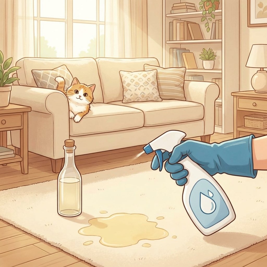 A cozy living room scene with a fluffy domestic short-haired cat peeking from behind a sofa, looking slightly mischievous. In the foreground, a prominent, light yellow stain mars a plush beige rug. A human hand, wearing a protective glove, holds a generic spray bottle with a cleaning symbol (no text) pointed at the stain, while a clear bottle, implying vinegar, stands next to it. The atmosphere suggests a common household problem being addressed with a simple solution. The lighting is bright and inviting. Style: Warm, friendly digital illustration with a clean aesthetic.