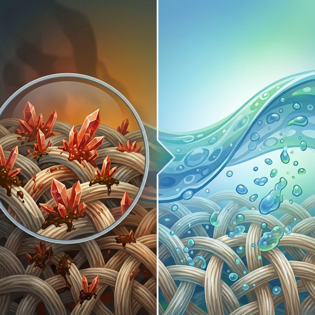 A stylized, abstract scientific diagram illustrating the effect of vinegar on cat urine. On one side, magnified microscopic view of intertwined carpet fibers shows numerous sharp, crystalline structures representing uric acid, perhaps with a subtle reddish-orange hue indicating the stubbornness of the stain. On the other side, a fluid, wave-like effect representing vinegar washes over similar fibers, and the crystals are visibly dissolving and breaking down into smaller, rounded, less defined particles. The color palette transitions from muted problem colors to brighter, neutralizing blues and greens. Style: Clean, modern infographic illustration.