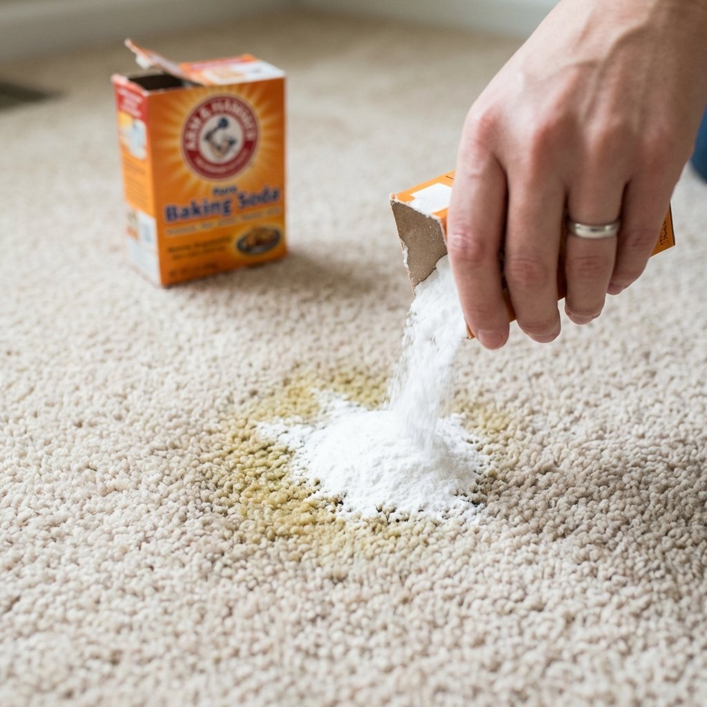 A close-up, professional photo of a light-colored carpet with a visible, yellowish cat urine stain. A human hand, wearing a simple ring, is gently sprinkling a generous amount of fine, white baking soda powder directly onto the wet stain, covering it. In the background, slightly out of focus, sits an open package or container of baking soda. The scene should convey a sense of immediate intervention and the initial stage of tackling the problem, with realistic lighting and texture.