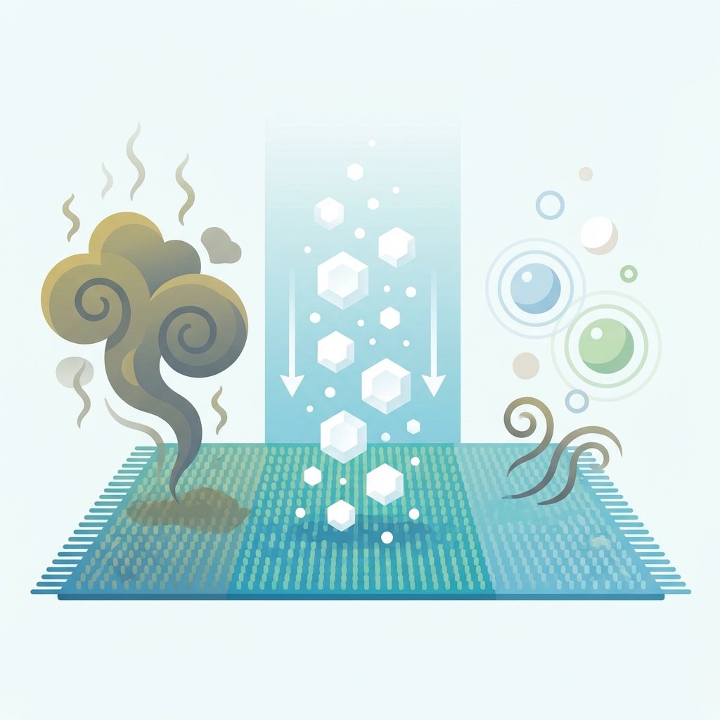 A clean, modern flat illustration in an infographic style. On the left, stylized dark, swirling cloud-like shapes representing unpleasant odor molecules emanate from an abstract representation of a carpet or upholstery surface. A central element shows white, crystalline baking soda particles descending onto the surface. On the right, the dark odor shapes have visibly diminished and transformed into smaller, lighter, neutral-colored spheres, symbolizing the neutralization and absorption of odors. Use a palette of fresh blues, greens, and whites, with a muted yellow hint for the initial odor.
