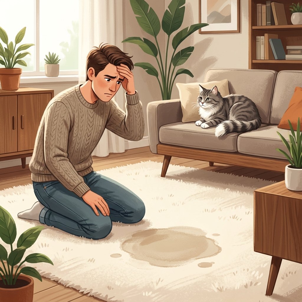A high-quality digital illustration depicting a common household scenario: a distressed cat owner, perhaps with a slight look of exasperation, observing a visible, slightly discolored wet stain on a plush living room carpet. In the background, a cat sits calmly on a sofa, looking nonchalant. The lighting should be soft but clear, highlighting the contrast between the clean room and the small, problematic spot. The illustration style should be modern, clean, and slightly stylized to convey emotion without being overly cartoonish.
