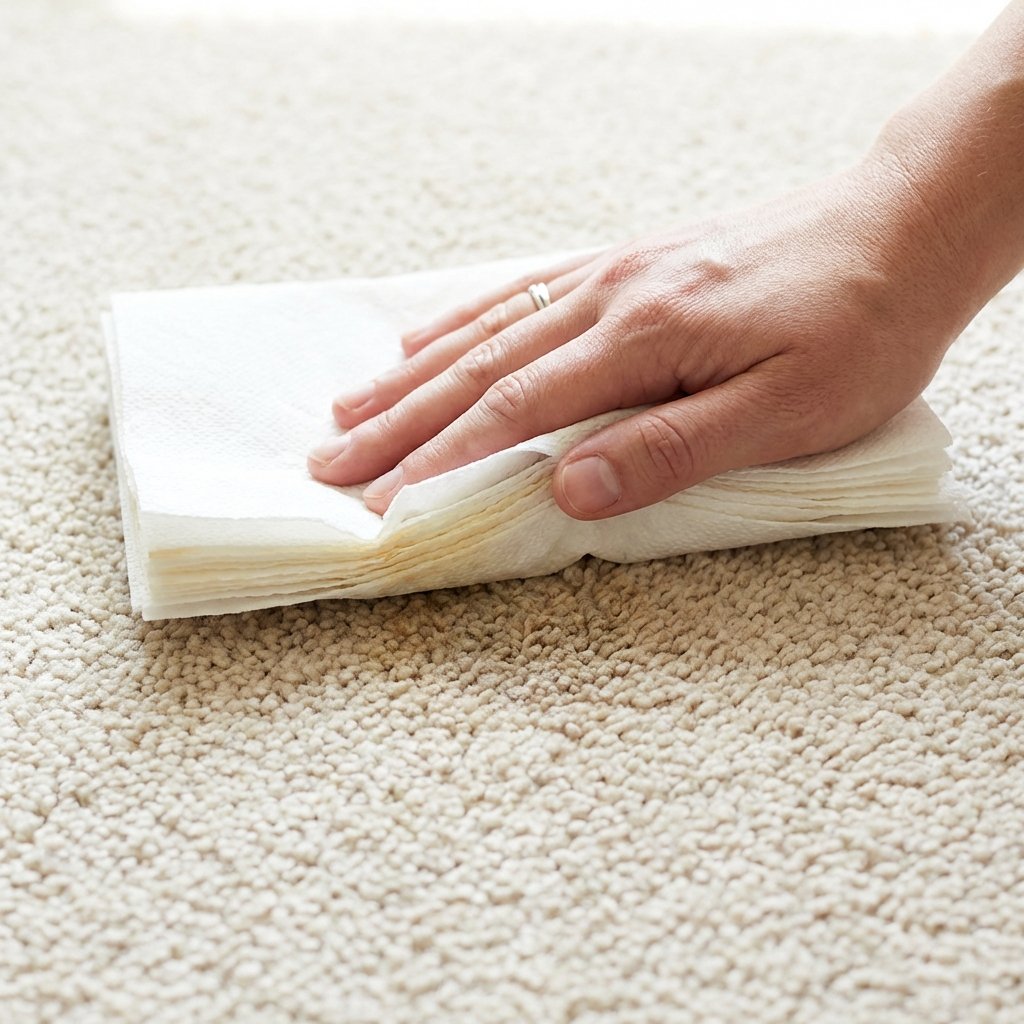 A close-up, professional photo illustrating the immediate action of cleaning a fresh cat urine stain. A human hand, holding a stack of clean, white paper towels, is firmly pressing down onto a damp spot on a textured carpet or upholstery. The paper towels should show a subtle, light yellow discoloration where they have absorbed the liquid, indicating effectiveness. The focus is entirely on the blotting action and the materials, emphasizing speed and efficiency. The lighting should be bright and natural, creating a clean and actionable visual.