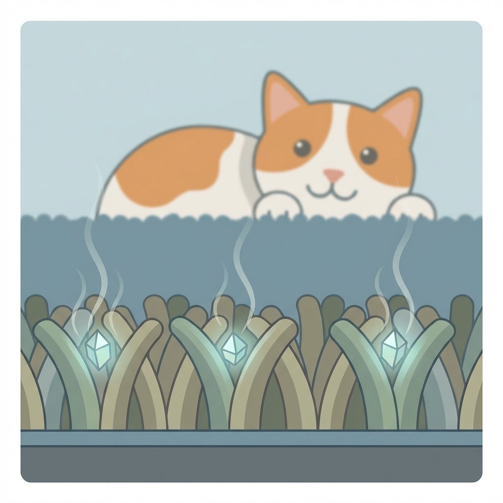 A stylized, close-up illustration of a cross-section of carpet fibers. Among the fibers, small, shimmering, crystalline structures are visibly embedded, representing uric acid crystals. A subtle, translucent wave emanates from these crystals, symbolizing the persistent odor. In the background, slightly out of focus, a domestic shorthair cat with a somewhat mischievous or innocent expression is visible, hinting at the source of the problem. The overall style should be a clean, modern flat illustration with a slightly scientific, diagrammatic feel, using a muted color palette with a subtle highlight on the crystals.