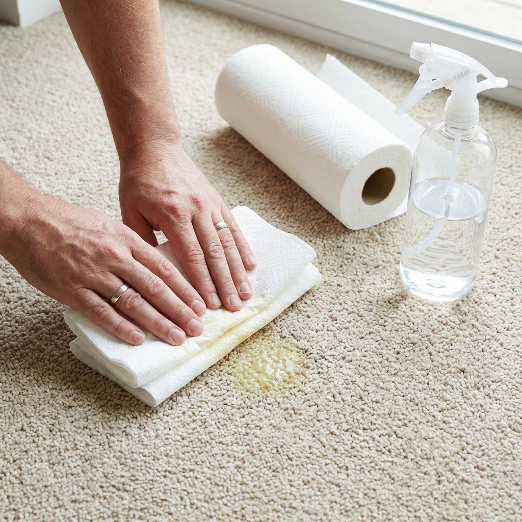 A professional, high-angle photo or realistic digital illustration capturing a pair of human hands carefully pressing a stack of white, absorbent paper towels onto a small, slightly damp yellow stain on a beige or light-colored carpet. The hands are gently dabbing straight down, not rubbing, emphasizing the correct technique for liquid absorption. A roll of paper towels and a simple, clear spray bottle (implying cold water) are subtly visible nearby on the carpet. The lighting should be bright and clean, highlighting the action of immediate blotting.