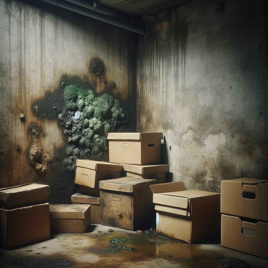 A dimly lit, damp basement corner with visible condensation on concrete walls and a small patch of green-black mold. Old, slightly discolored cardboard boxes are stacked nearby. The air appears heavy and stagnant, conveying a strong sense of mustiness. Realistic photographic style.