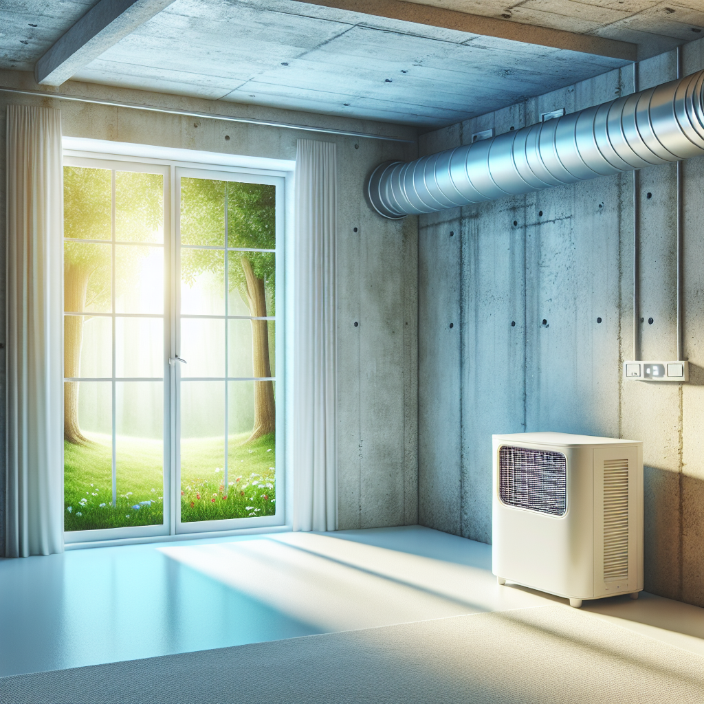 A bright, clean basement space with an open window allowing natural light and a fresh breeze to enter. The concrete walls are dry and pristine, and a modern dehumidifier is subtly placed in the corner. The overall impression is airy and pleasant, conveying freshness. Realistic photographic style.