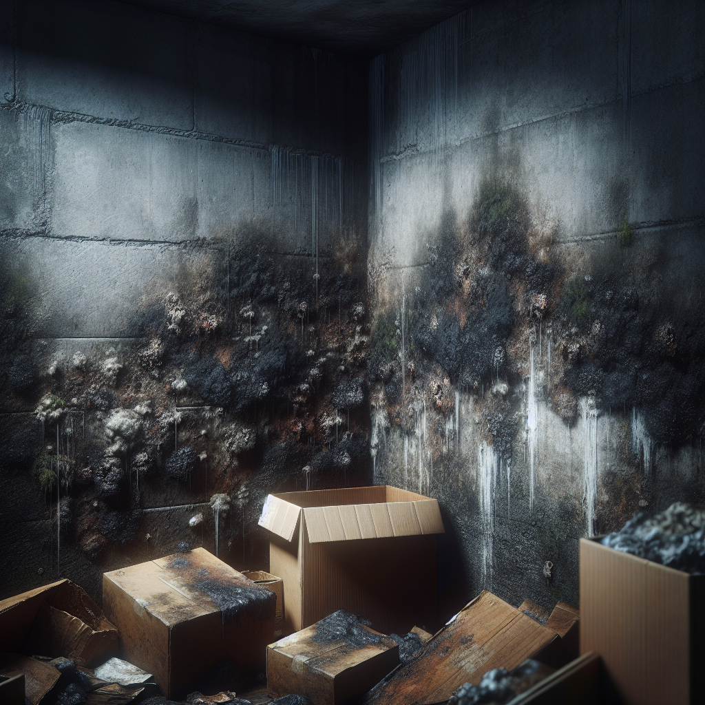 A dark, damp, and slightly cluttered basement corner, with visible patches of mold on a concrete wall and some mildewed old cardboard boxes. A subtle visual hint of an unpleasant, musty odor emanating from the dampness and decay. The atmosphere is gloomy and uninviting, conveying the problem of a bad smell. Realistic style, high detail.