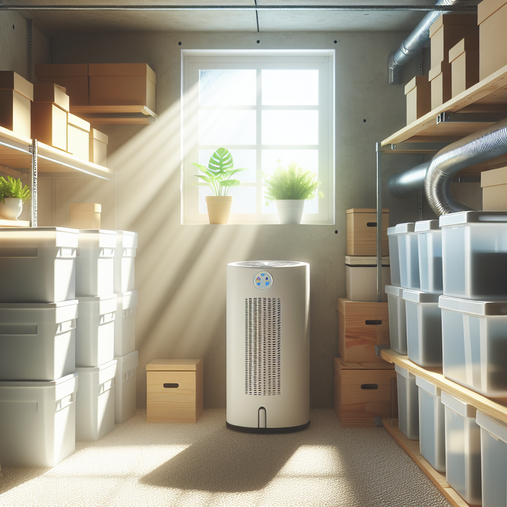 A bright, clean, and well-organized basement with sunlight streaming through a small window. Fresh air is circulating, and the walls appear dry and clean. A modern dehumidifier is running quietly in the corner, and shelves are neatly organized with fresh, dry storage containers. The overall impression is one of freshness, cleanliness, and comfort. Realistic style, inviting atmosphere.