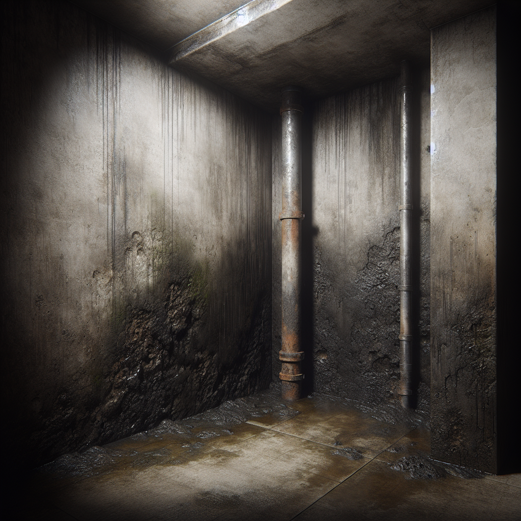 A gloomy, dark basement corner. Concrete walls show visible dampness and faint, spreading mold stains. The air appears heavy and stagnant, conveying a strong sense of a musty, earthy smell. A neglected, slightly peeling pipe runs along the wall. Realistic, slightly desaturated colors, emphasizing the damp and unpleasant atmosphere.