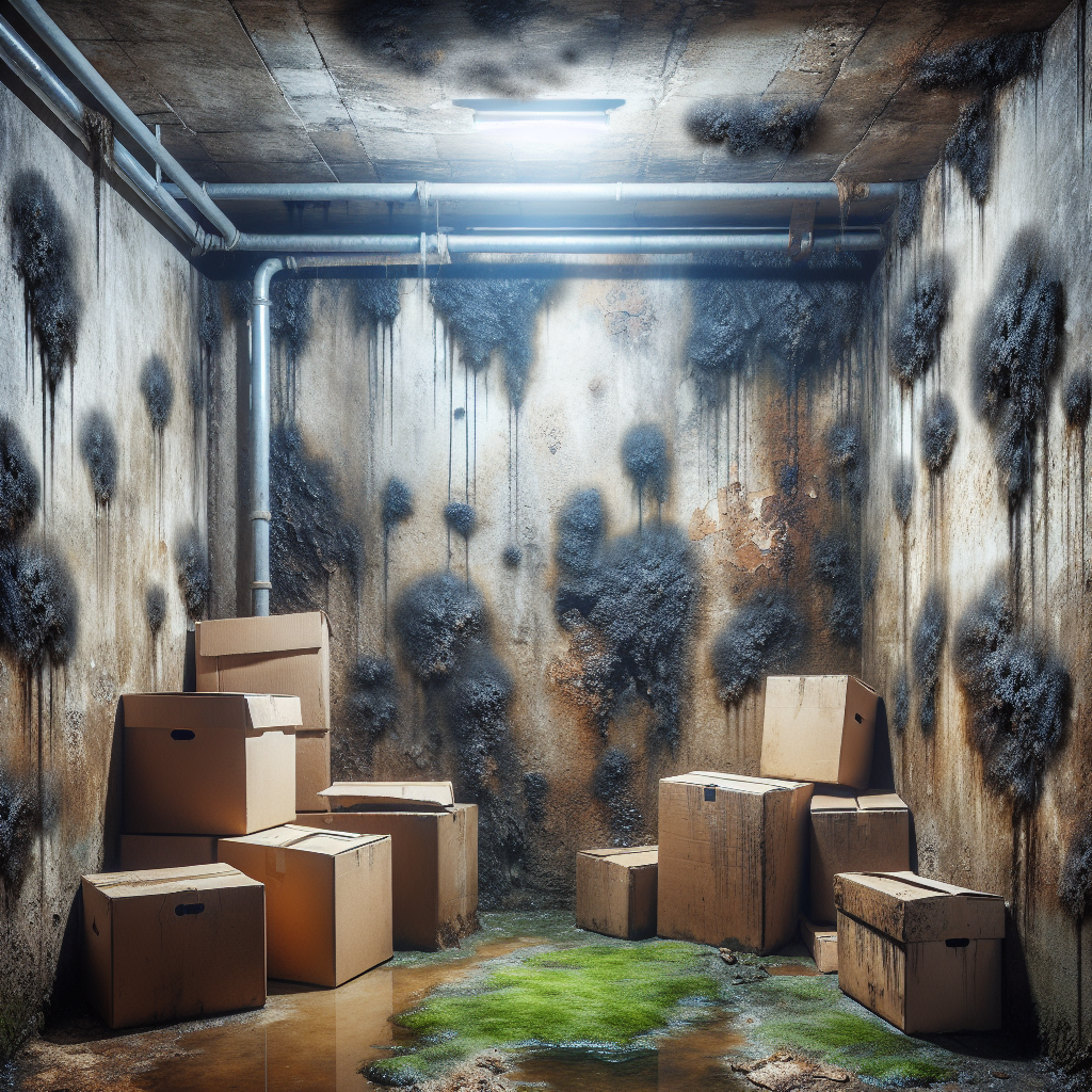 A dimly lit, damp basement with visible patches of black mold on concrete walls and old cardboard boxes. The atmosphere conveys a strong sense of mustiness and neglect, with poor ventilation and visible moisture. Realistic photo style, focusing on the unpleasantness of mold and dampness.
