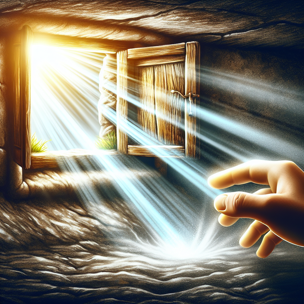 A person's hand opening a small, old basement window, allowing a bright beam of fresh air and sunlight to stream into a previously dark and damp basement. The scene suggests improvement, ventilation, and the removal of musty air, with a subtle hint of a cleaner, fresher environment emerging. Realistic photo style, emphasizing hope and action.