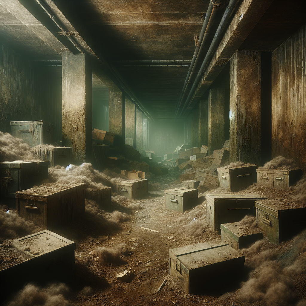 A dark, neglected basement with visible dampness and water stains on old concrete walls and floor. Dusty, haphazardly piled storage boxes and cobwebs contribute to a sense of abandonment. A subtle, unpleasant brownish-green haze visually represents a strong, pervasive musty smell, making the space feel oppressive and unhealthy. Realistic photography, moody and dim lighting, emphasizing the problem.