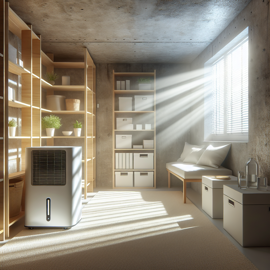 A bright, clean, and freshly renovated basement. Sunlight streams through a small, clear window, illuminating dry, smooth walls. A modern dehumidifier is subtly working in the corner, and the air looks clear and fresh. Tidy, organized storage shelves are along one wall, and the overall atmosphere is inviting and healthy, symbolizing a successful solution to a musty smell. Realistic photography style, bright and airy lighting.