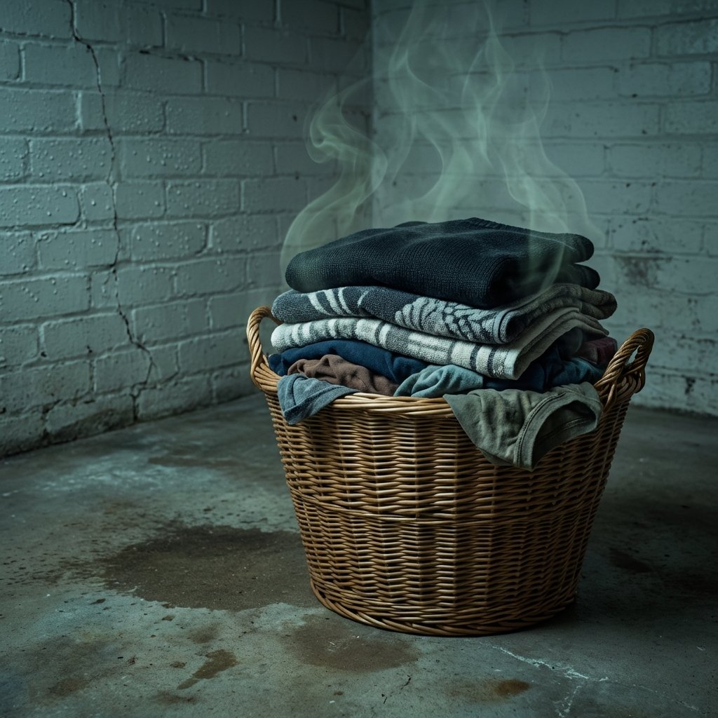 A professional, slightly moody photo illustrating the problem of basement smell. The scene shows a dimly lit, slightly damp-looking basement corner. A wicker laundry basket overflows with folded clothes (e.g., sweaters, towels). Subtle, almost invisible, greyish-green wisps or cloud-like particles are depicted gently rising from the clothes, symbolizing the 'muffig' odor permeating the fabric. A small hint of moisture on a nearby wall or floor adds to the damp atmosphere, emphasizing the origin of the smell. The focus is on the clothes and the subtle visual representation of the unpleasant odor they've absorbed.