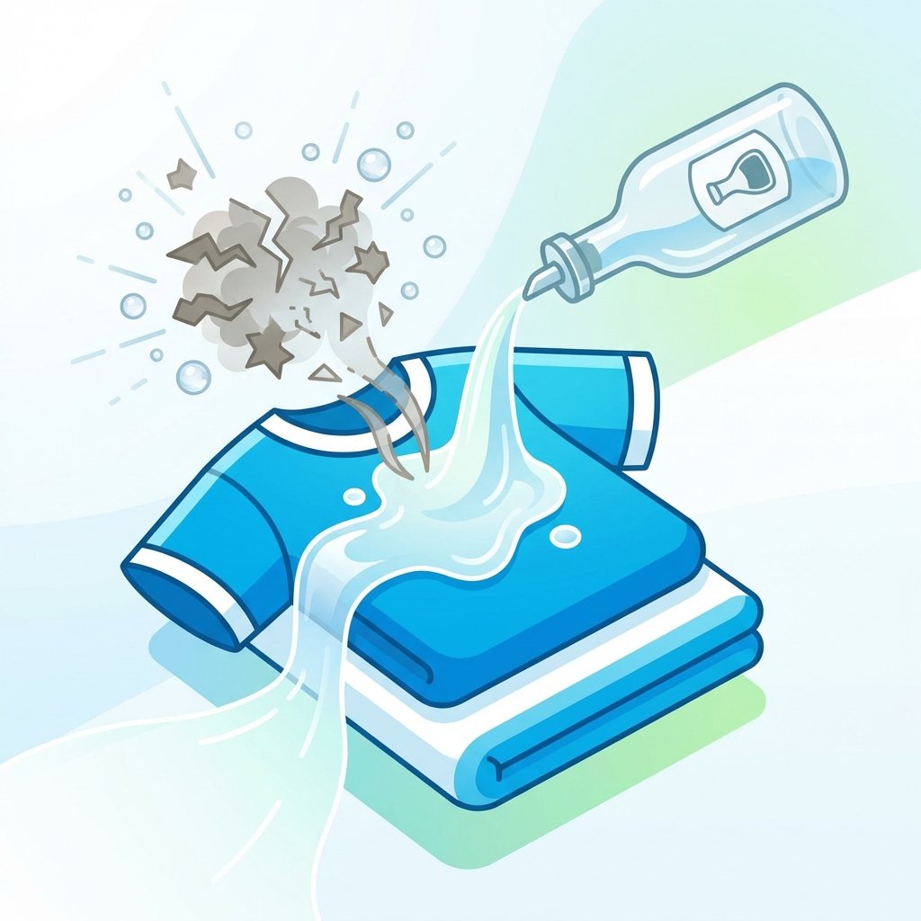 A clean and modern flat illustration depicting the powerful action of vinegar against odors in clothing. In the center, a vibrant, clean piece of clothing (e.g., a t-shirt or towel) is shown. A stylized bottle of white vinegar is pouring a stream of liquid onto the garment. Around the garment, abstract, swirling grey or brown 'odor molecules' are visibly breaking apart and dissolving as the vinegar comes into contact, transforming into clear, neutral particles. The overall impression is one of freshness, cleanliness, and the scientific breakdown of unpleasant smells. The background is simple and bright, emphasizing the effectiveness of the solution.