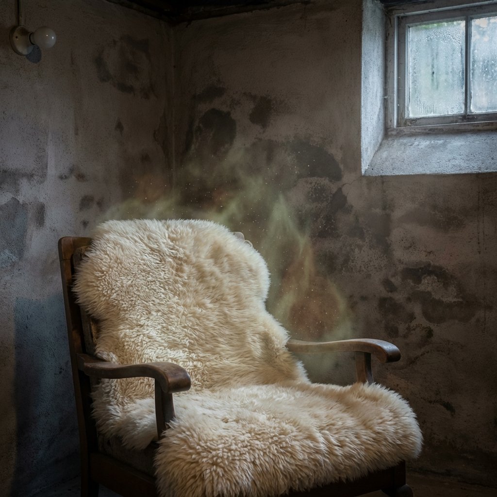 A luxurious, soft lambskin rug draped over a chair in a dimly lit, slightly damp-looking basement corner. Around it, subtle visual cues of moisture and mildew, like faint outlines on a concrete wall or a slightly condensation-fogged window. In contrast, a small, glowing aura of unpleasant odor particles visually emanating from the lambskin. The overall atmosphere should convey a sense of a valuable item being negatively impacted by its environment. Use a realistic, professional photo style with a slightly muted color palette to emphasize the cellar's effect.