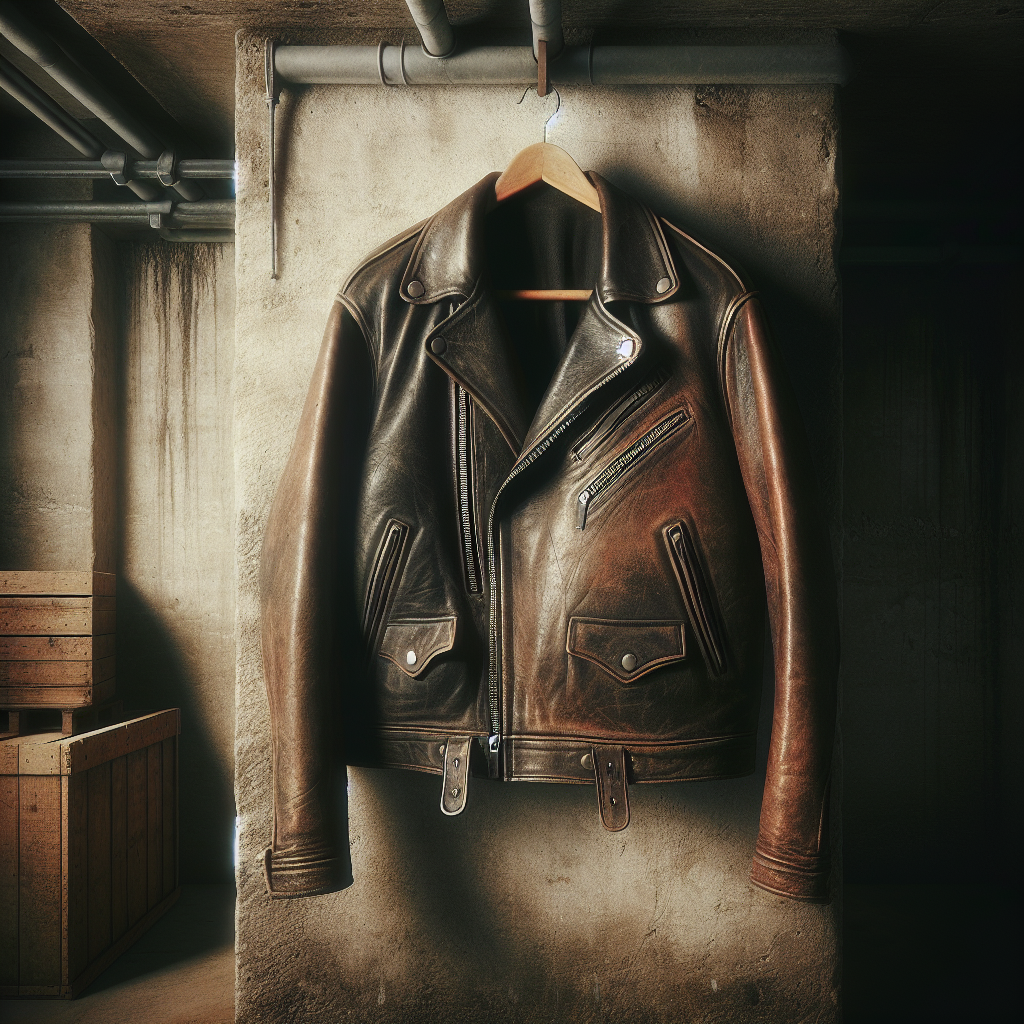 A vintage leather jacket with a slightly worn appearance, hanging in a dimly lit, slightly damp-looking basement corner. A subtle, almost visible aura of mustiness or stale air surrounds the jacket, conveying the 'Kellergeruch'. The background shows hints of concrete walls or old storage boxes. Realistic photo, atmospheric, slightly melancholic.