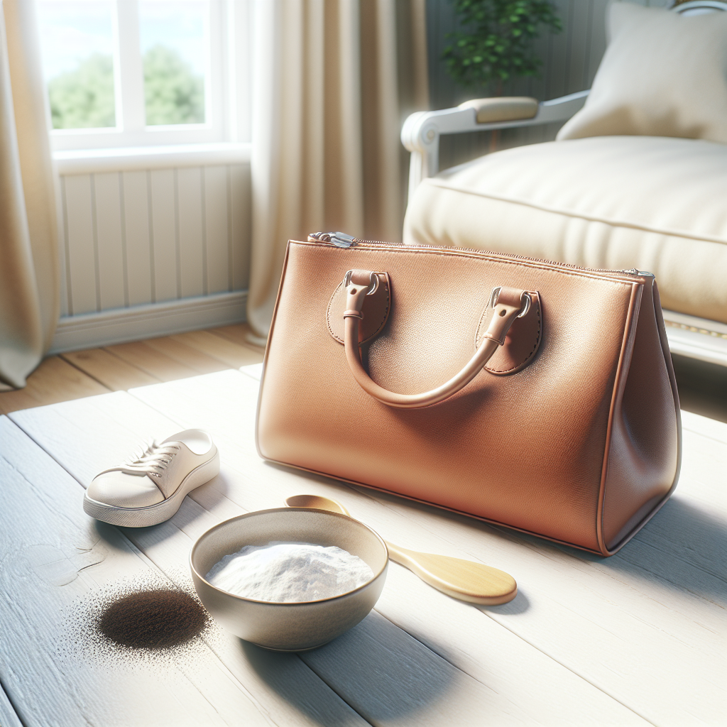 A beautifully clean and fresh-looking leather handbag or pair of shoes, placed on a light wooden surface in a well-lit, airy room. Next to the leather item, there's a small, open bowl containing baking soda or coffee grounds, subtly suggesting a home remedy. Soft, natural light streams in from a window, emphasizing freshness and cleanliness. Realistic photo, bright, inviting.
