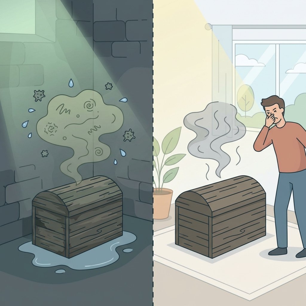 A split-scene infographic illustration. On the left side, a stylized depiction of a dark, damp basement corner, with a faint, greenish-grey cloud representing 'muffiness' emanating from a wooden chest. Microscopic mold spores and moisture droplets are visibly floating in the air around the furniture. On the right side, the same wooden chest is now in a clean, bright living room, but a visible, unpleasant wavy grey odor cloud still hovers around it, subtly affecting a person who is slightly recoiling or looking uncomfortable nearby. The overall aesthetic should be clean and informative, using a limited, slightly muted color palette to convey the problem clearly.