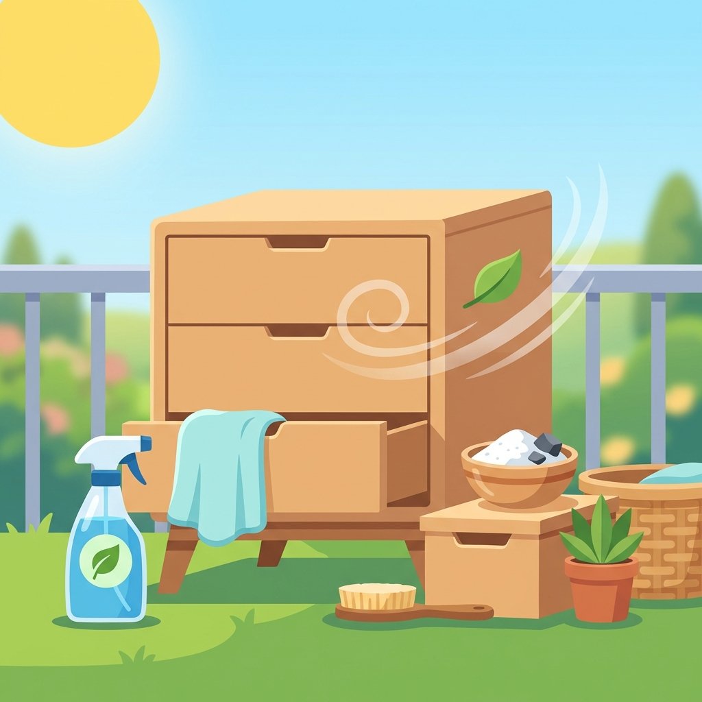 A vibrant, clean flat illustration depicting the process of refreshing a piece of furniture affected by basement smell. The scene features a modern wooden dresser positioned outdoors in a sunny, breezy garden or on a balcony, with a gentle breeze subtly moving a leaf nearby. Various cleaning tools are arranged neatly around it: a spray bottle with an eco-friendly symbol, a soft cloth wiping a surface, and an open drawer revealing a small bowl of an odor-absorbing substance like baking soda or activated charcoal. The overall atmosphere should be optimistic and fresh, emphasizing effective and natural solutions.